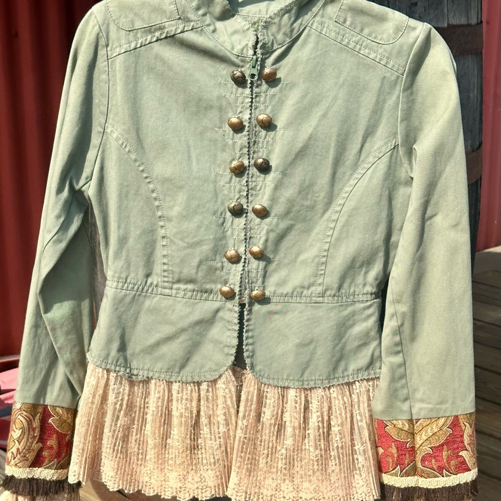 Women's Green Military-Style Jacket with Lace Trim